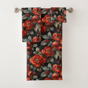 Rote Blume auf schwarz Badhandtuch Set