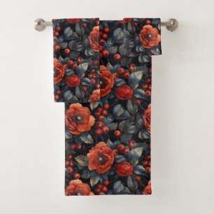 Rote Blume auf schwarz Badhandtuch Set