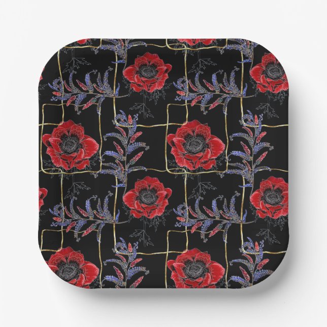 Rote Blume auf schwarz. Pappteller (Vorderseite)