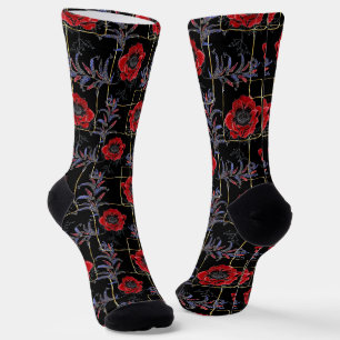 Rote Blume auf schwarz. Socken