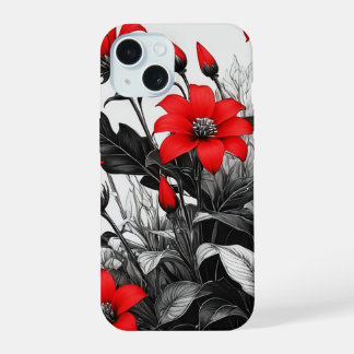 Rote Blume auf Schwarz-weiße Pflanze iPhone 15 Hülle