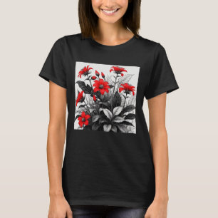 Rote Blume auf Schwarz-weiße Pflanze T-Shirt