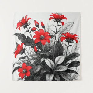 Rote Blume auf Schwarz-weiße Pflanze Wandteppich