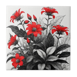 Rote Blume auf schwarz-weißer Pflanze Fliese