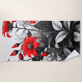 Rote Blume auf schwarz-weißer Pflanze Strandtuch