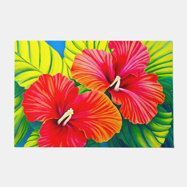 Rote Blume aus hawaiianischem Hibiskus mit grünen  Fußmatte (Vorderseite)