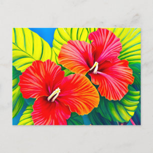 Rote Blume aus hawaiianischem Hibiskus mit grünen  Postkarte