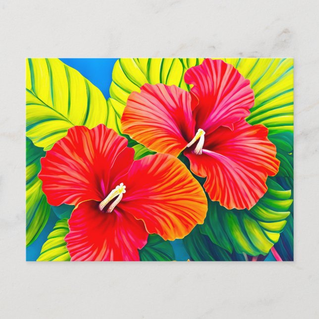 Rote Blume aus hawaiianischem Hibiskus mit grünen  Postkarte (Vorderseite)