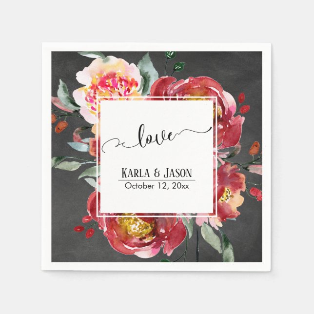 Rote Blume Bouquet, Halbpension, Liebe Typografie Serviette (Vorderseite)