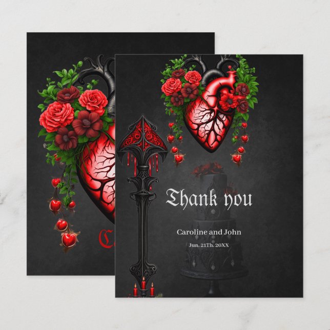 Rote Blume des gotischen Herzens Dankeskarte (Vorne/Hinten)
