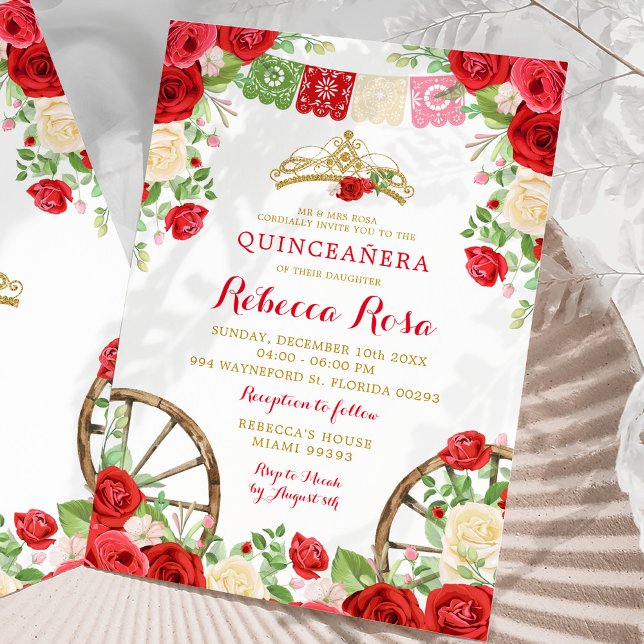 Rote Blume farbenfrohe Fiesta Quinceañera Einladung (Von Creator hochgeladen)