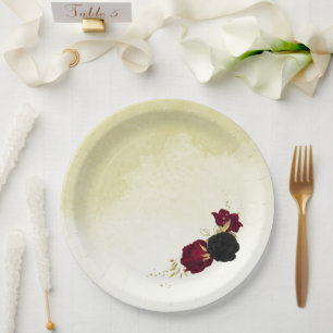 Rote Blume Gold Blätter Hochzeit Pappteller