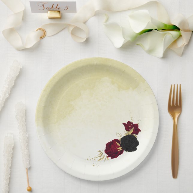 Rote Blume Gold Blätter Hochzeit Pappteller (Hochzeit)