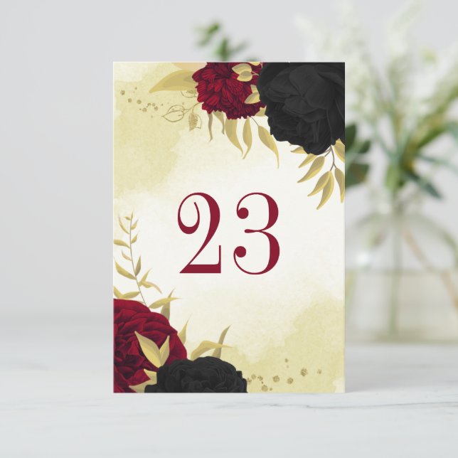 Rote Blume Gold Blätter Hochzeit Tischnummer (Stehend Vorderseite)