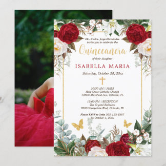 Rote Blume Gold Foil Schmetterlinge Quinceanera Einladung