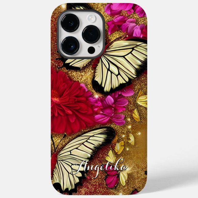 Rote Blume Gold Glitzer Schmetterlinge Individuell Case-Mate iPhone Hülle (Rückseite)