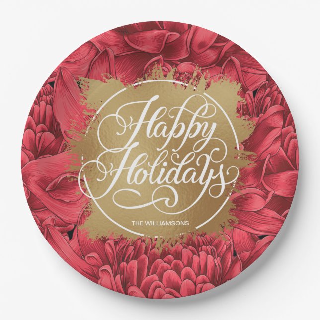 Rote Blume Gold Imitate Foil Happy Holidays Pappteller (Vorderseite)