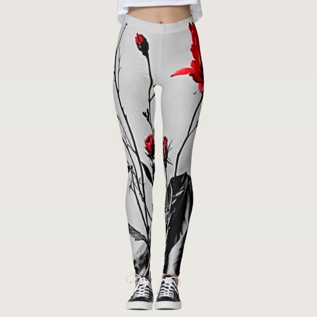Rote Blume Grau Art Leggings (Vorderseite)