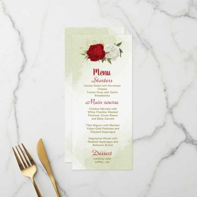 Rote Blume Grüne Blätter Hochzeit Menükarte (Vorderseite/Rückseite Beispiel)