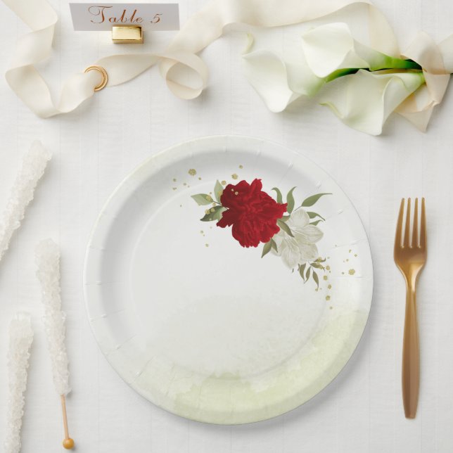 Rote Blume Grüne Blätter Hochzeit Pappteller (Hochzeit)