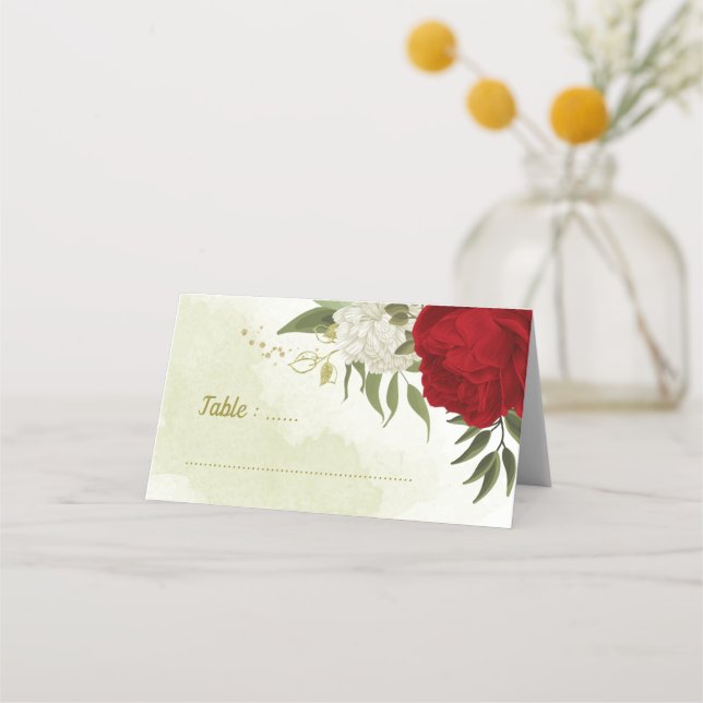 Rote Blume Grüne Blätter Hochzeit Platzkarte (Vorderseite)