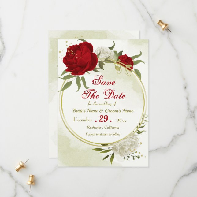 Rote Blume, grüne Blätter Save The Date (Vorderseite/Rückseite Beispiel)