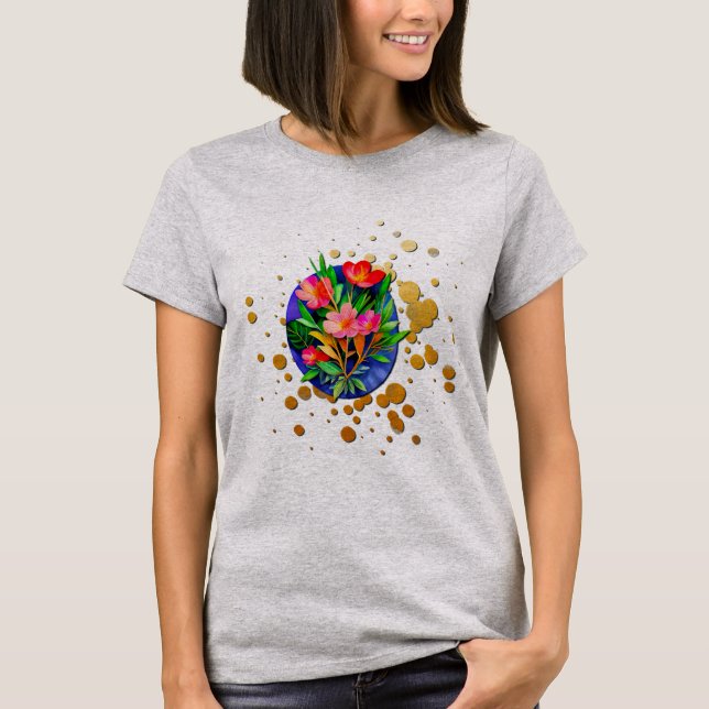 Rote Blume, grüne Blätter und goldener Hintergrund T-Shirt (Vorderseite)