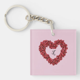 Rote Blume Herz mit Monogramm Floral Schlüsselanhänger