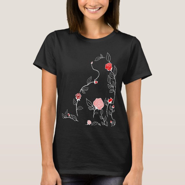 Rote Blume Katze Rotes Grafik T-Shirt (Vorderseite)