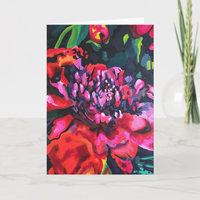 Rote Blume Leere Originalkunst Gefaltete Grußkarte Karte (Vorderseite)