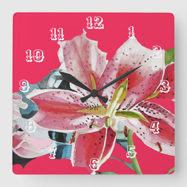 Rote Blume Lily Lilies Blume Quadratische Wanduhr (Vorderseite)
