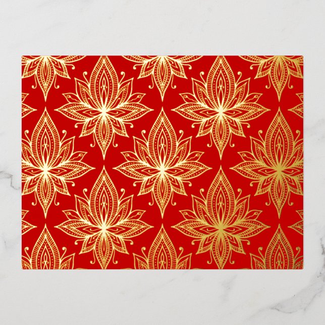 Rote Blume Lotus Folien Feiertagspostkarte (Vorderseite)