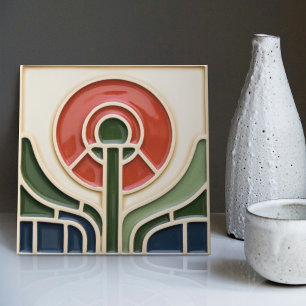 Rote Blume Mitte des Jahrhunderts Symmetrie und Ha Fliese