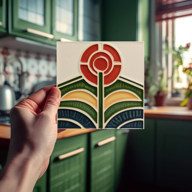 Rote Blume Mitte des Jahrhunderts Symmetrie und Ha Fliese (Von Creator hochgeladen)