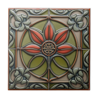 Rote Blume Mittsymmetrie Arts and Crafts Fliese