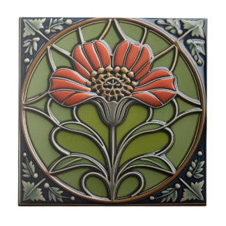 Rote Blume Mittsymmetrie Arts and Crafts Fliese