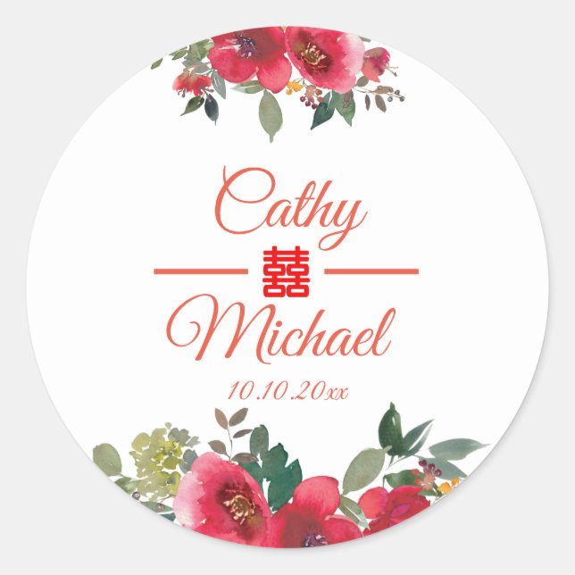 Rote Blume Moderne Doppelzufriedenheit Chinesische Runder Aufkleber (Vorderseite)
