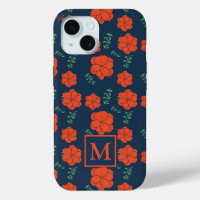 Rote Blume Muster Dunkelblaues Monogramm
