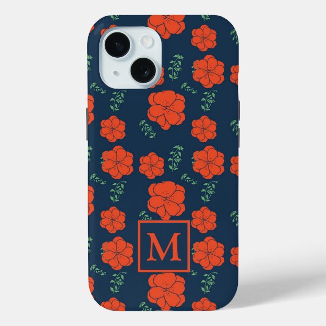 Rote Blume Muster Dunkelblaues Monogramm Case-Mate iPhone Hülle (Rückseite)