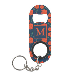 Rote Blume Muster Dunkelblaues Monogramm Mini Flaschenöffner