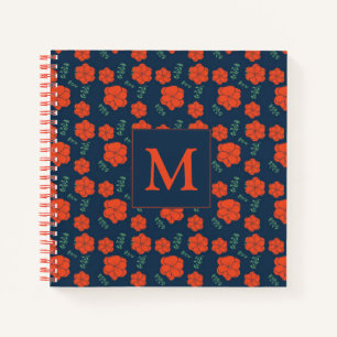 Rote Blume Muster Dunkelblaues Monogramm Notizbuch