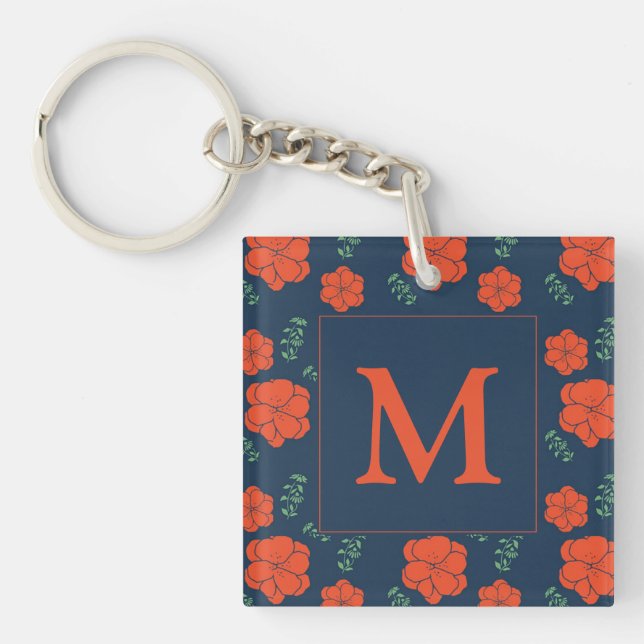 Rote Blume Muster Dunkelblaues Monogramm Schlüsselanhänger (Vorderseite)