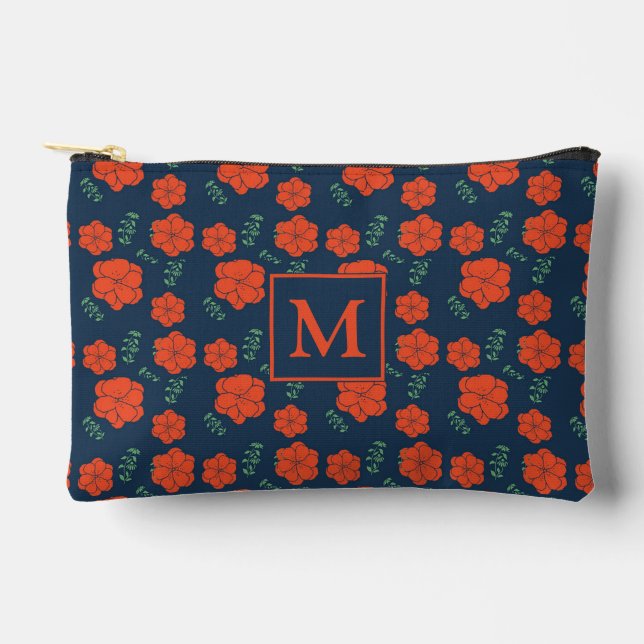 Rote Blume Muster Dunkelblaues Monogramm Zubehörtasche (Vorderseite)