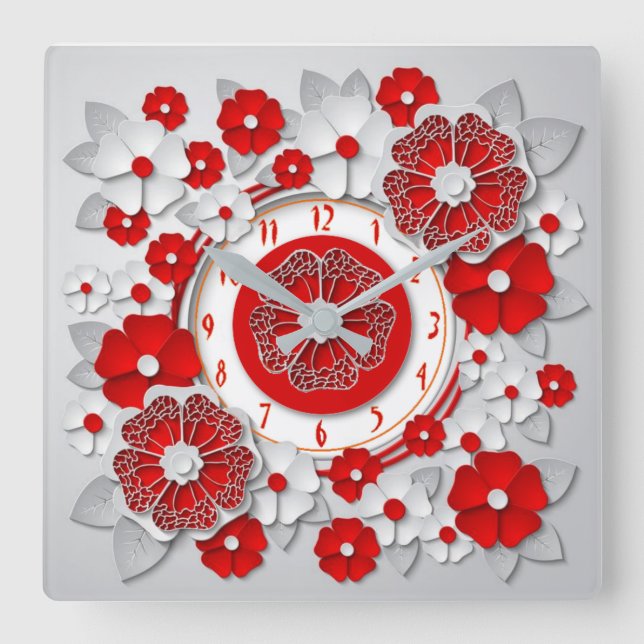 Rote Blume Quadratische Wanduhr (Vorderseite)