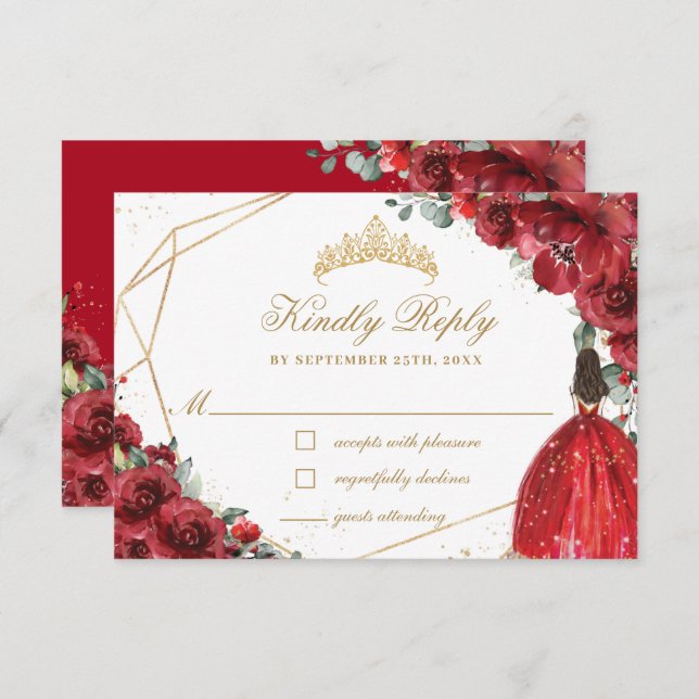 Rote Blume Quinceañera Goldene Prinzessin Krone RSVP Karte (Vorne/Hinten)