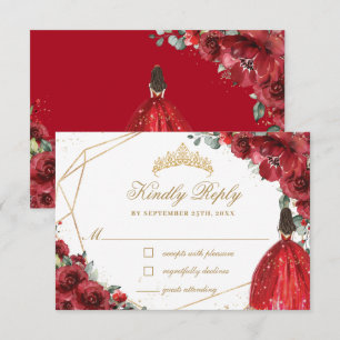 Rote Blume Quinceañera Goldene Prinzessin Krone RSVP Karte