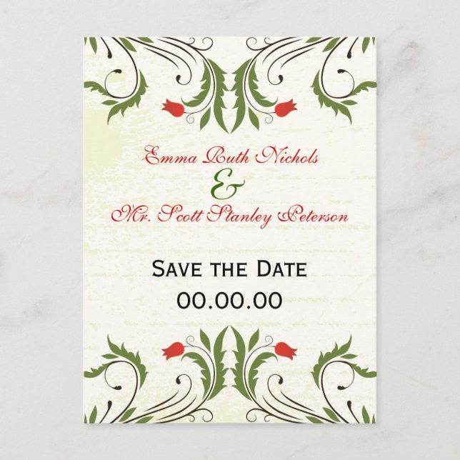 Rote Blume Save the Date Vintag Postkarte (Vorderseite)
