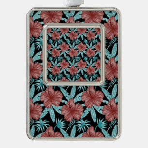 Rote Blume tropisches nahtloses Muster und blaue B Rahmen-Ornament Silber