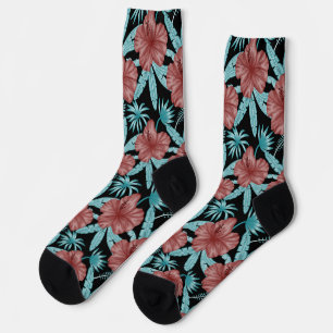 Rote Blume tropisches nahtloses Muster und blaue B Socken