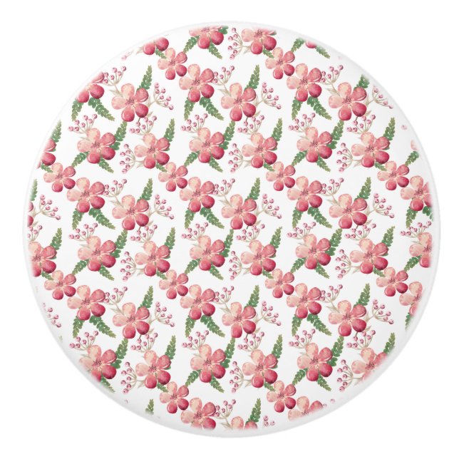 Rote Blume und Berries mit grünen Blätter Keramikknauf (Vorderseite)